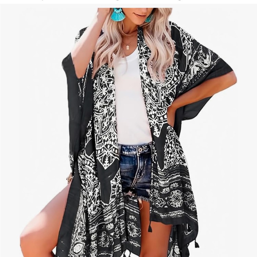 Black & White Printed Swim Coverup Kimono
